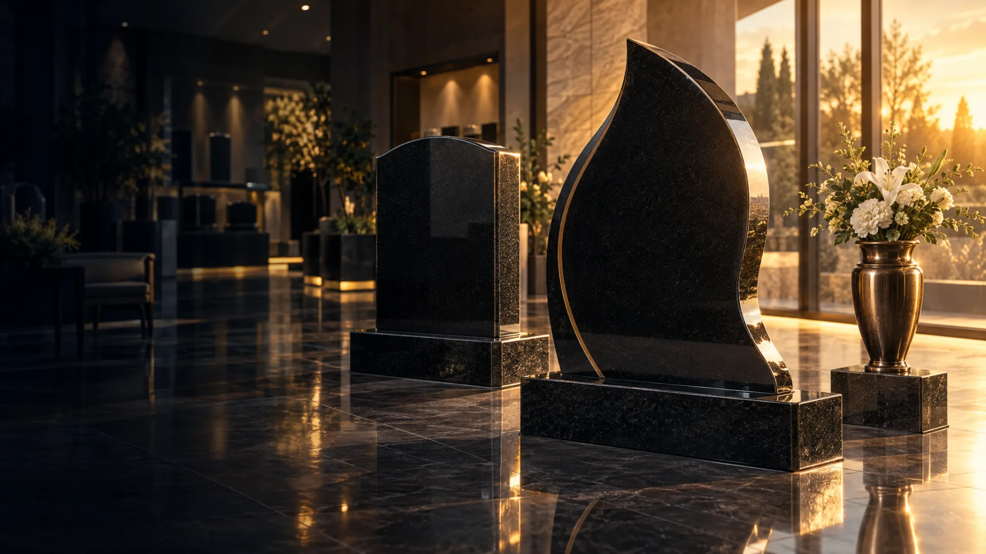 Luxury polished black granite monuments with bronze inlay and a bronze vase in an elegant showroom at golden hour