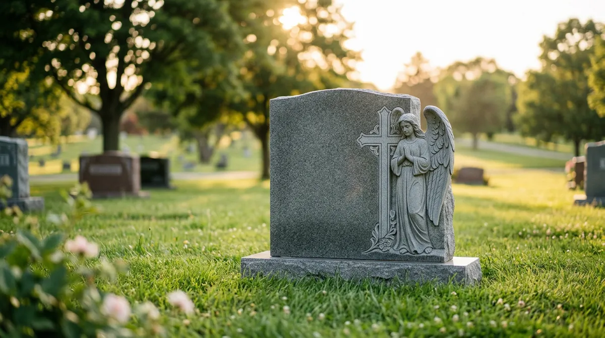 Gray granite upright headstone with a carved guardian angel beside a cross in a green cemetery at golden hour