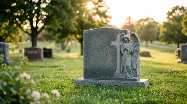 Gray granite upright headstone with a carved guardian angel beside a cross in a green cemetery at golden hour