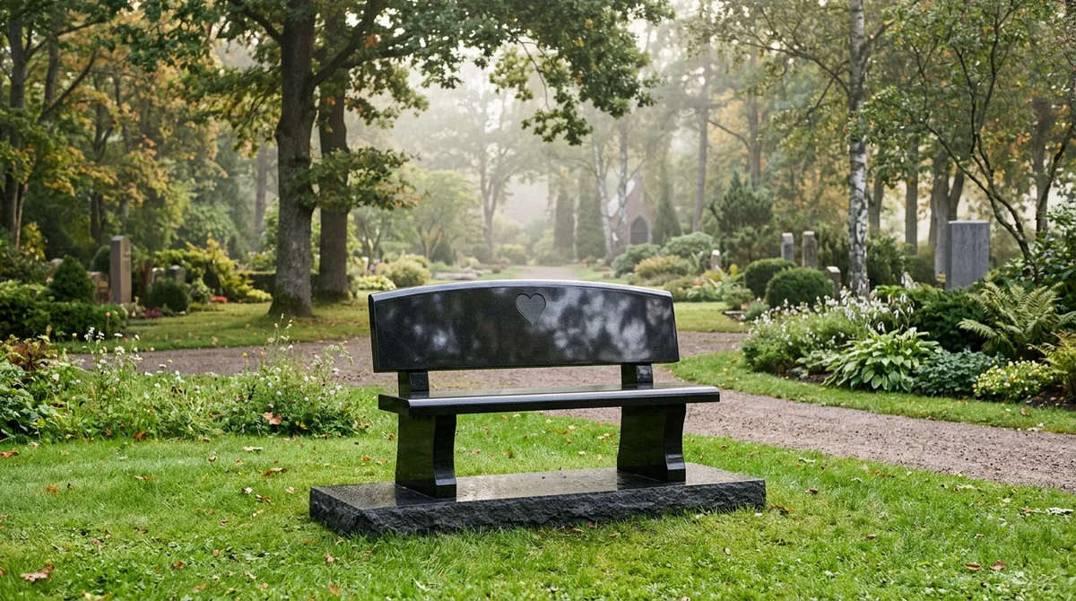 Polished black granite memorial bench with an engraved heart on the backrest in a misty tree-lined cemetery garden