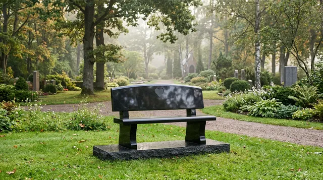 Polished black granite memorial bench with an engraved heart on the backrest in a misty tree-lined cemetery garden