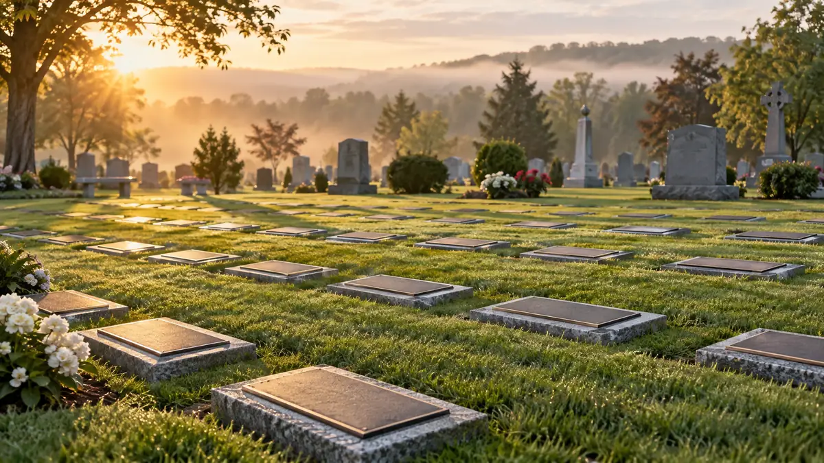 Family member reviewing a cemetery memorial regulations document at a desk in a cemetery office