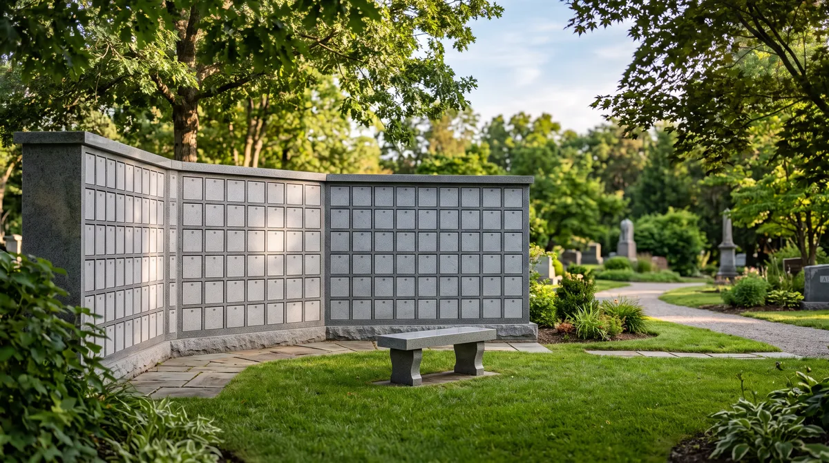 Polished gray granite columbarium niche wall with blank niche plates and a granite bench in a sunlit cemetery garden