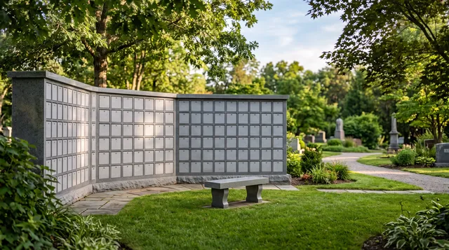 Polished gray granite columbarium niche wall with blank niche plates and a granite bench in a sunlit cemetery garden