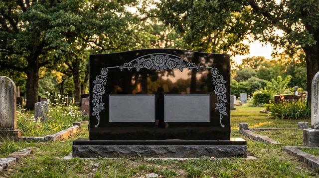 Wide black granite companion headstone with carved roses and two blank name panels in a tree-lined cemetery at golden hour