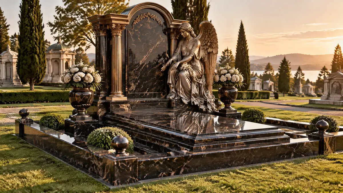 Large black granite family memorial complex with a ledger, upright headstone and flower vases in a landscaped cemetery