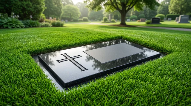 Polished black granite flat grave marker with an engraved cross set flush in a manicured cemetery lawn