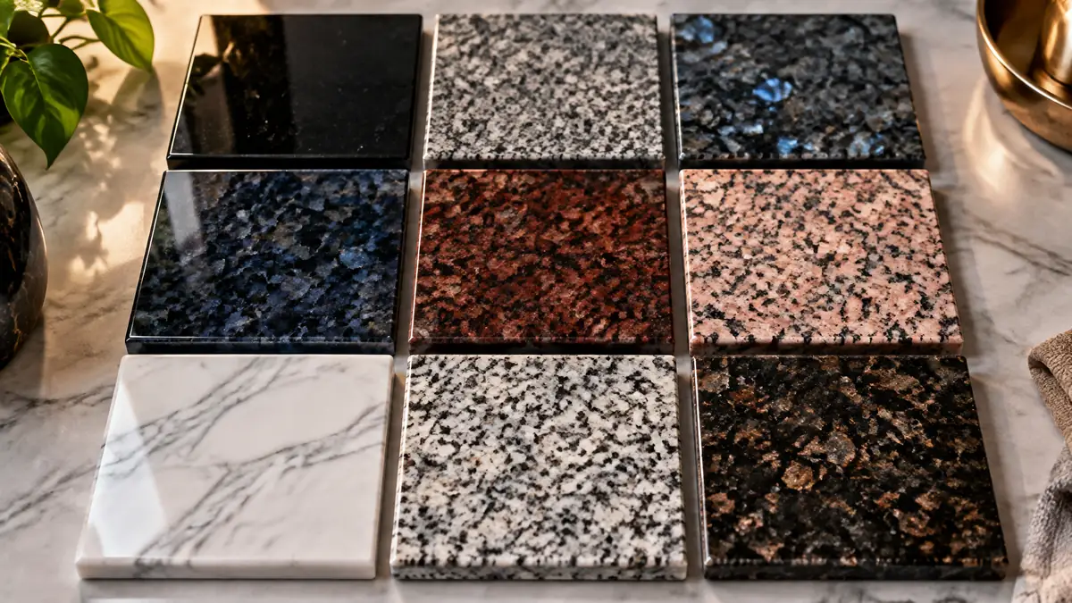 Polished granite sample tiles in black, grey, blue, red and rose tones arranged on a showroom table