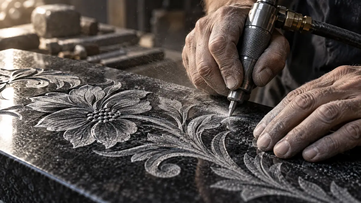 Close-up of a craftsman engraving lettering into a polished black granite headstone
