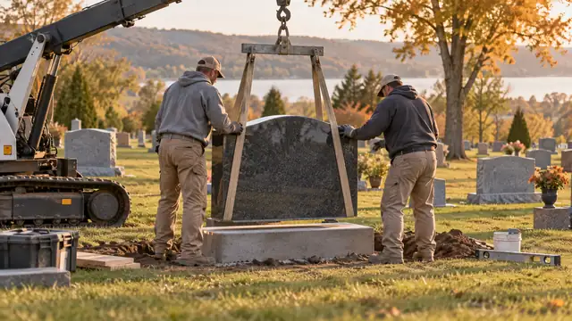 Monument installer leveling a grey granite upright headstone on a fresh concrete foundation in a cemetery