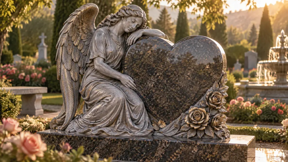 Luxury granite heart memorial with a hand-carved kneeling angel and sculpted roses in a cemetery garden