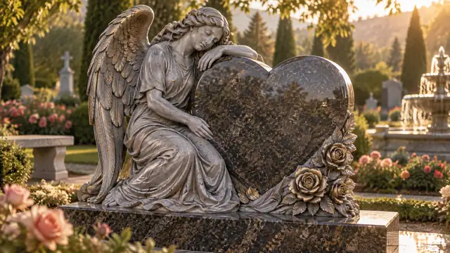Luxury granite heart memorial with a hand-carved kneeling angel and sculpted roses in a cemetery garden