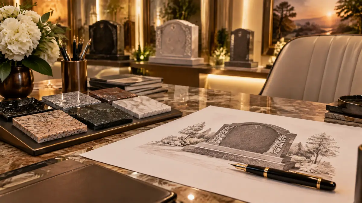 Memorial specialist reviewing a granite headstone design proof and color samples with a family at a showroom table