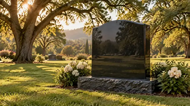 Polished black granite upright headstone on a Northern California memorial park lawn under valley oaks at golden hour