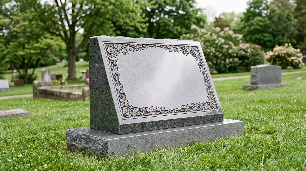 Polished gray granite slant headstone with a carved floral border and blank sloped face on a granite base in a peaceful cemetery