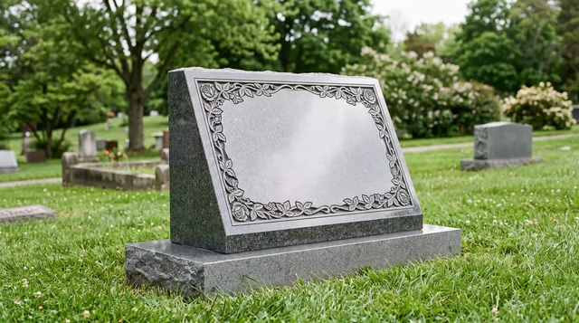 Polished gray granite slant headstone with a carved floral border and blank sloped face on a granite base in a peaceful cemetery