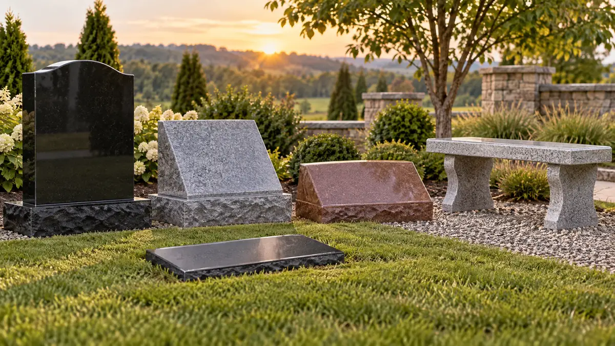 Row of granite memorials showing a flat marker, a bevel marker, a slant headstone and an upright headstone on a cemetery lawn