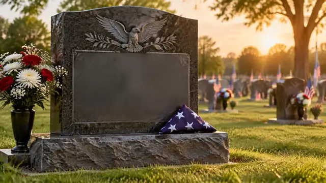Black granite veteran headstone with an engraved folded flag and a small American flag in a quiet cemetery at dawn