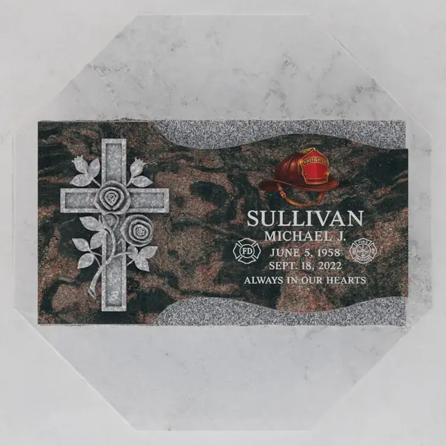 Luxury Firefighter Cross Flat Granite Grave Marker with Roses — luxury granite memorial headstone