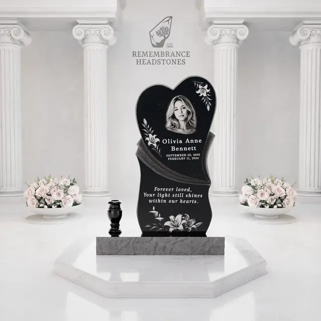 Luxury Heart Shape Memorial with Flowing Ribbon & Lily Motif — luxury granite memorial headstone