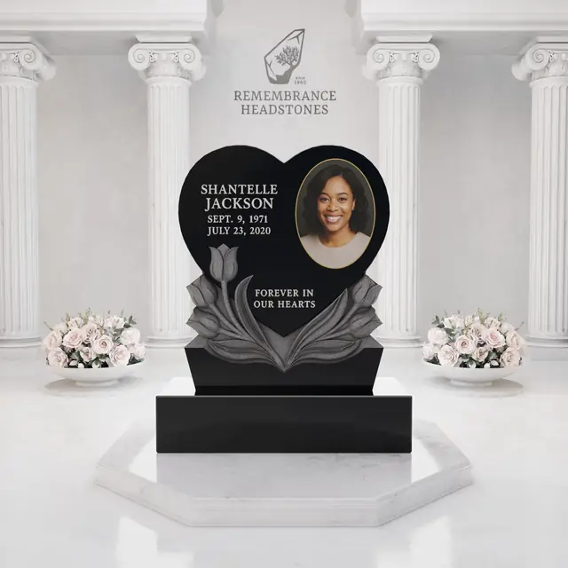 Luxury Heart Shape Memorial with Sculpted Tulips & Portrait Medallion — luxury granite memorial headstone