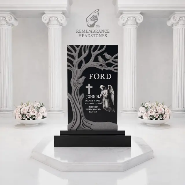 Luxury Tree of Life Upright Granite Headstone with Angel & Birds — luxury granite memorial headstone