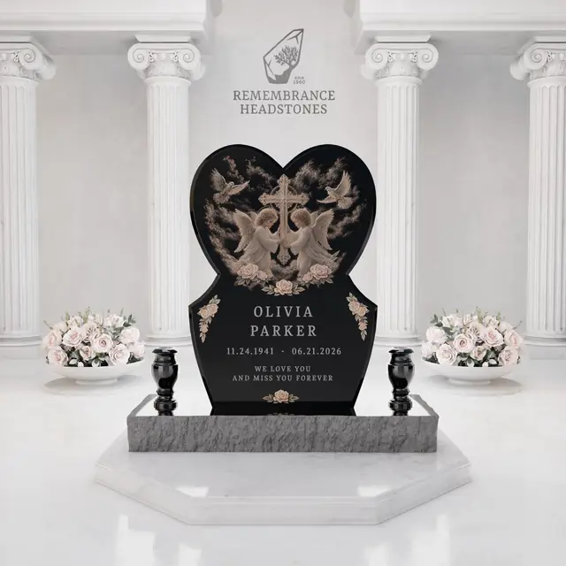 Luxury Eternal Heart Memorial with Angels, Cross & Doves — luxury granite memorial headstone