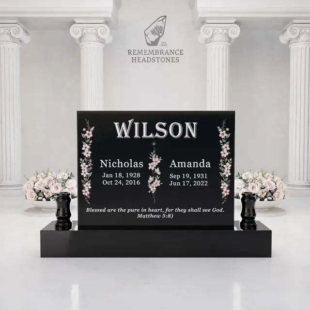 Luxury Companion Granite Memorial with Floral Tribute — luxury granite memorial headstone