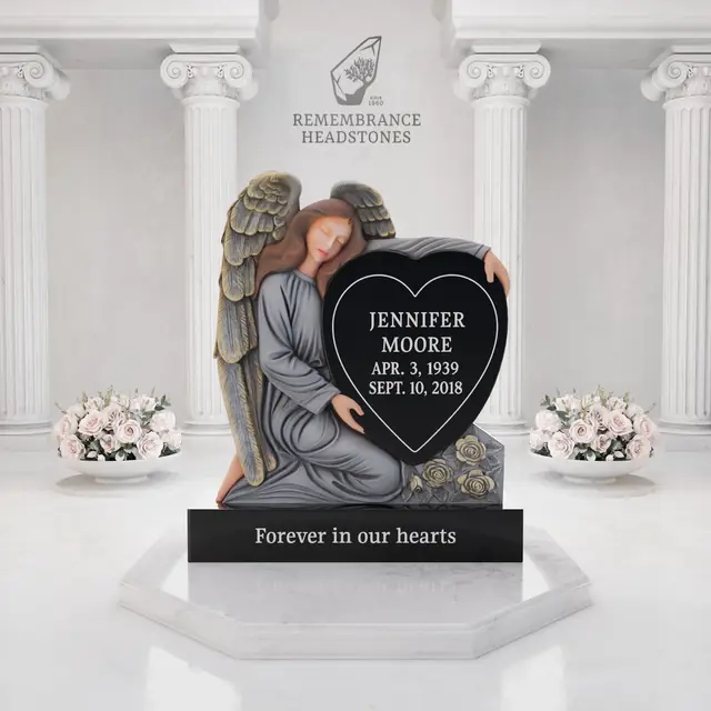 Luxury Guardian Angel Heart Memorial with Roses — luxury granite memorial headstone