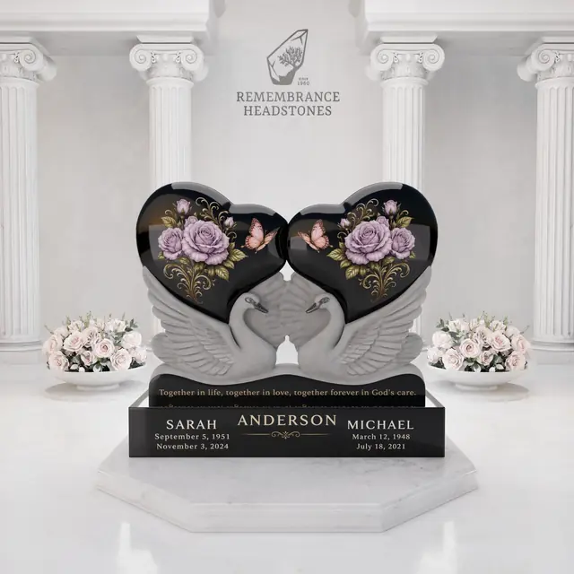Luxury Double Heart Memorial with Eternal Swans — luxury granite memorial headstone