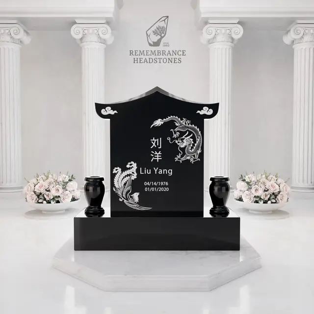Lux Pagoda-Top Upright Granite Headstone with Phoenix & Lotus           — luxury granite memorial headstone
