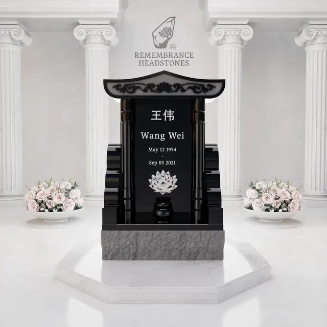 Lux Pagoda-Top Upright Granite Headstone with Columns & Shrine Niche — luxury granite memorial headstone