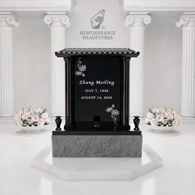 Lux Pagoda-Style Upright Granite Headstone with Columns, Crane & Blossoms — luxury granite memorial headstone