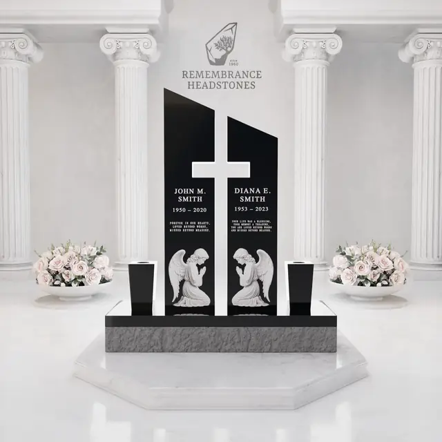 Luxury Companion Upright Headstone with Cross Cutout — luxury granite memorial headstone