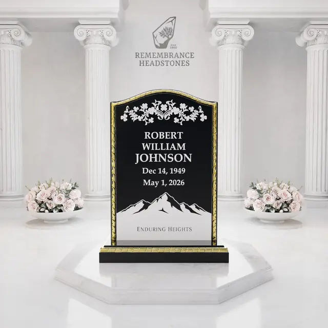 Luxury Gold Border Upright Granite Headstone — luxury granite memorial headstone