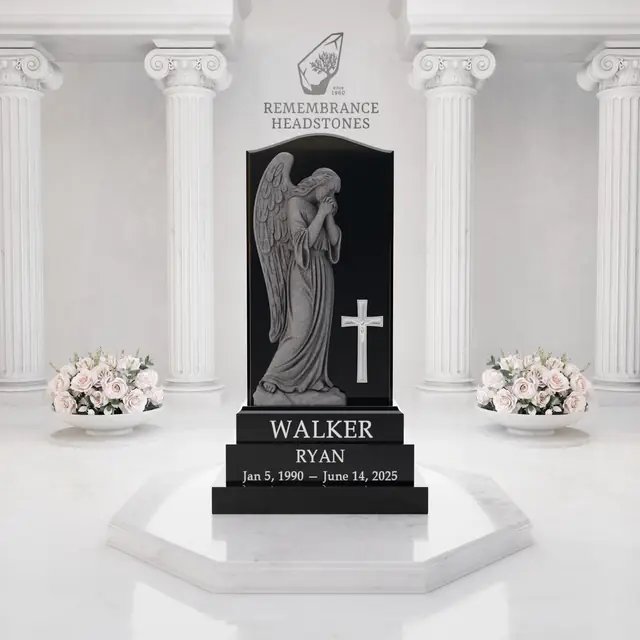 Luxury Praying Angel Granite Headstone with Cross Relief — luxury granite memorial headstone