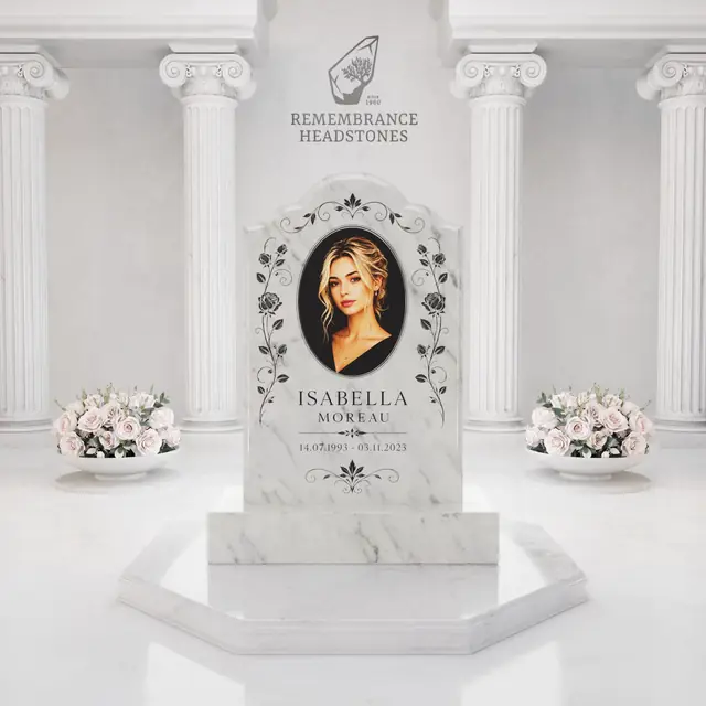 Luxury Floral Portrait Granite Headstone with Ceramic Photo — luxury granite memorial headstone