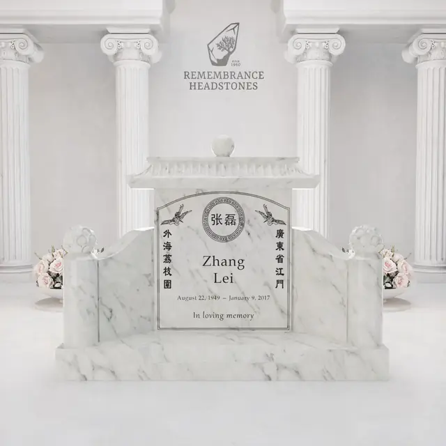 Luxury Asian Pavilion Granite Memorial with Guardian Pillars — luxury granite memorial headstone
