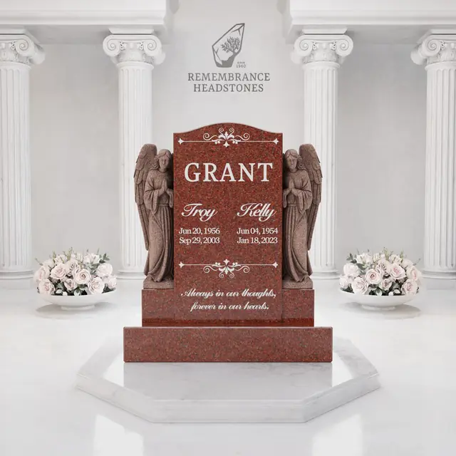 Luxury Companion Granite Headstone with Praying Angels — luxury granite memorial headstone