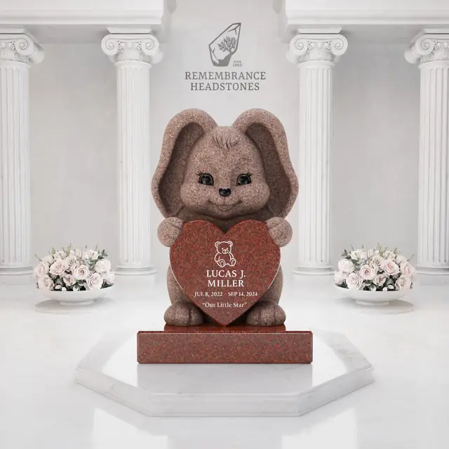 Luxury Bunny Child Granite Memorial with Heart Plaque — luxury granite memorial headstone