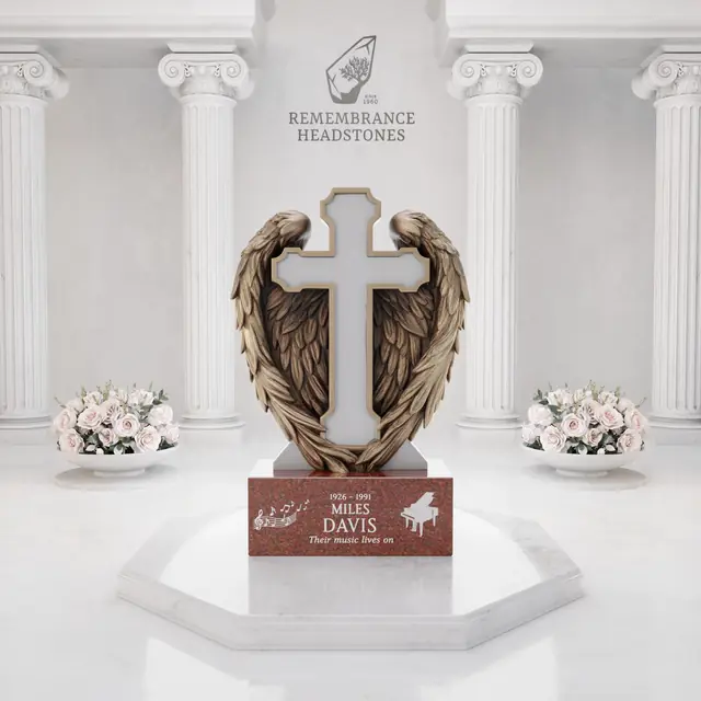 Luxury Cross with Guardian Angel Wings Granite Headstone — luxury granite memorial headstone