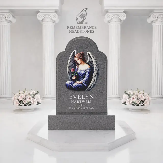 Luxury Angel Portrait Granite Headstone — luxury granite memorial headstone