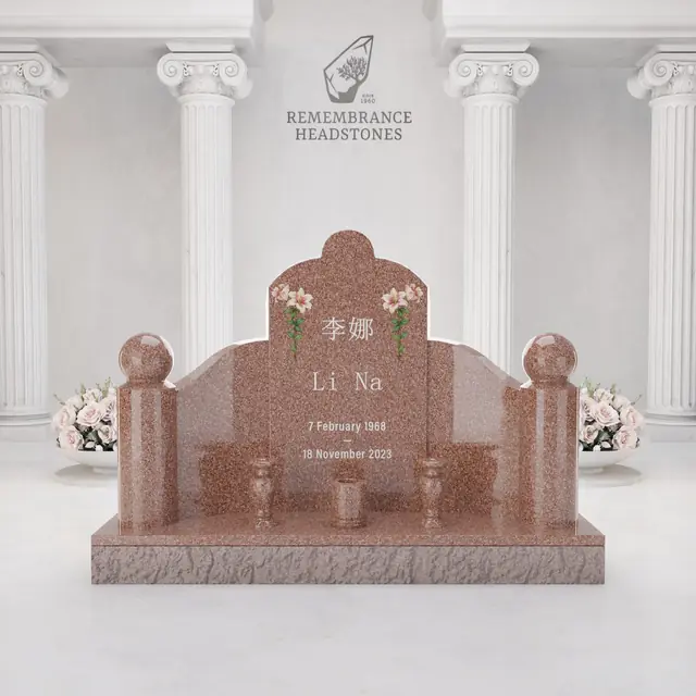 Luxury Asian Family Granite Memorial with Decorative Rail & Lantern Vases — luxury granite memorial headstone