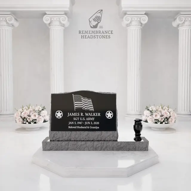 Luxury Slant Granite Headstone with Rock-Pitched Edge, Rose Motif & Vase — luxury granite memorial headstone