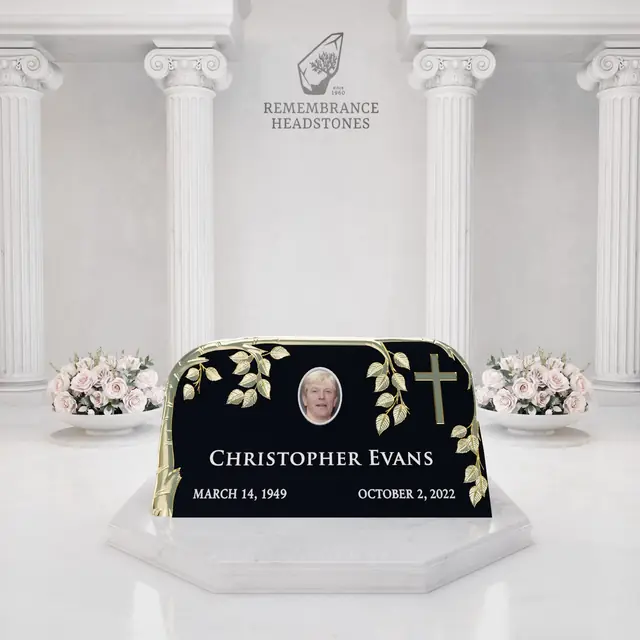 Luxury Slant Granite Headstone with Sculpted Vine & Cross — luxury granite memorial headstone