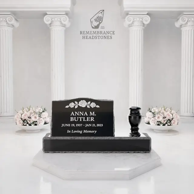  Luxury Slant Granite Headstone with Hummingbird & Lily Panel & Vase  — luxury granite memorial headstone