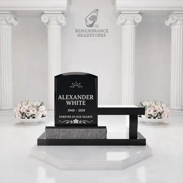 Lux Upright Headstone with Marian Emblem & Memorial Bench                                      — luxury granite memorial headstone