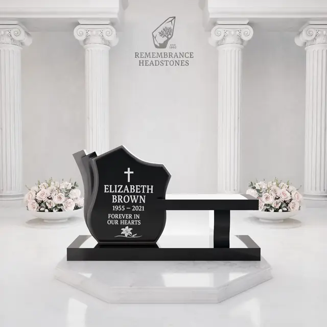 Luxury Granite Memorial Bench with Sculpted Shield Tablet & Floral Engraving                        — luxury granite memorial headstone