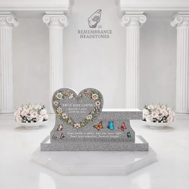 Luxury Heart Companion Granite Bench Memorial with Floral Wreath — luxury granite memorial headstone