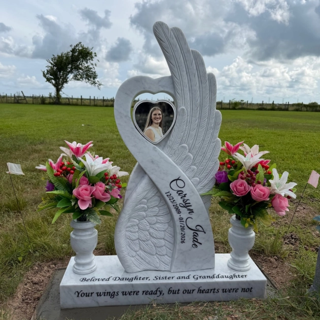 Luxury Special-Shape Granite Headstone — Angel Wing & Heart with Crystal Accents